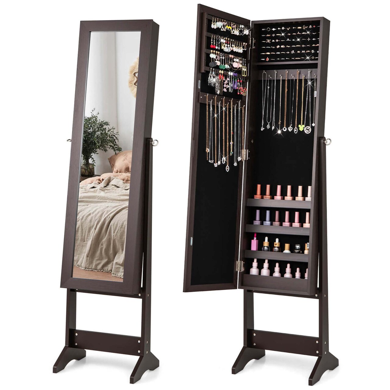 Costway Jewelry Mirrored Cabinet Armoire Organizer Storage Box with Stand Christmas Gift Black/White/Coffee/Brown